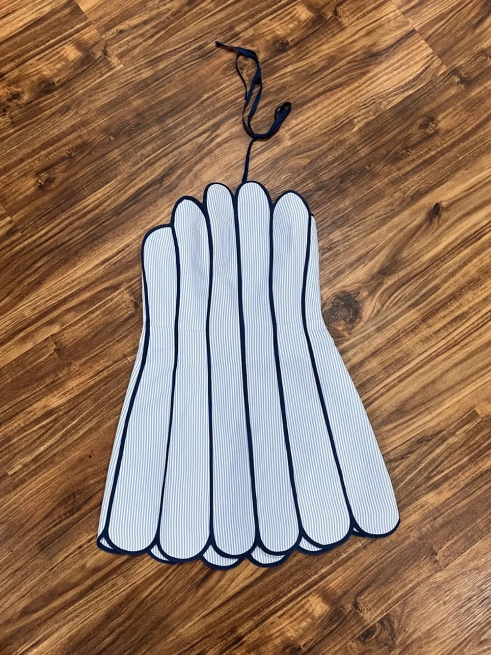 Striped Blue & White Scalloped Strapless Mini Dress - Picture 9 of 11